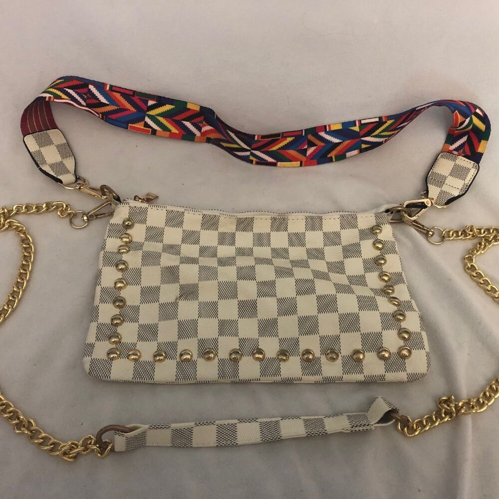 Grey & White Checkered , Studded Crossbody Bag - Small